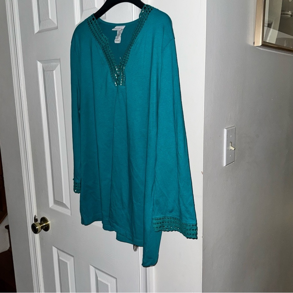 Jaclyn Smith NWT XXL Aqua Teal Green Crochet V-Neck Tunic Top Shirt Blouse Plus - Picture 6 of 13